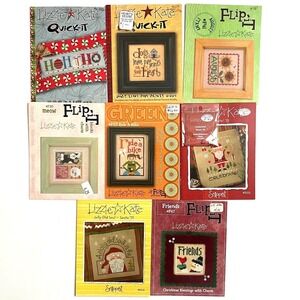 Lizzie Kate 8 Cross Stitch Chart Lot Flip It Snippet Quick-It Dog Cat Christmas
